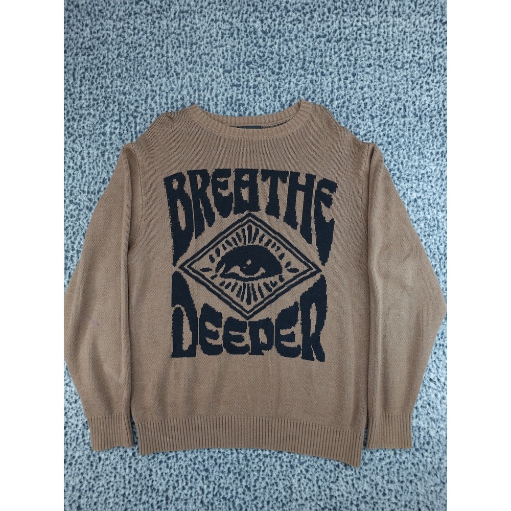 PacSun Breathe Deeper Graphic Sweater Mens M Tan Cotton‎ Blend Knit Eye